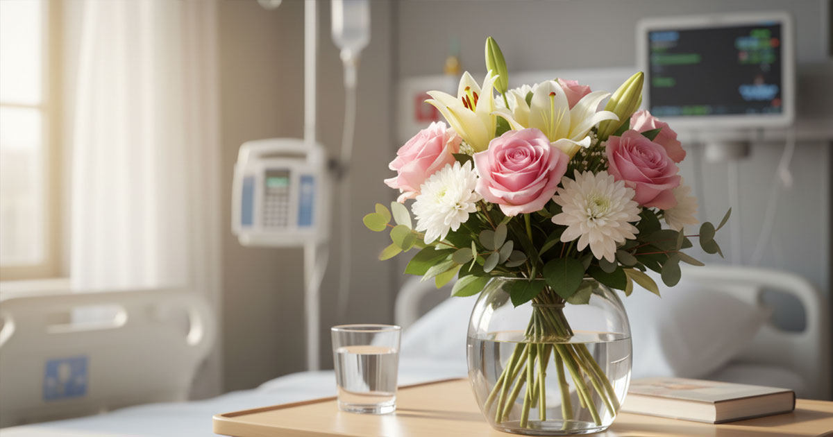 Best flowers to send to Auckland Hospital patient displayed in a vase on a bedside table