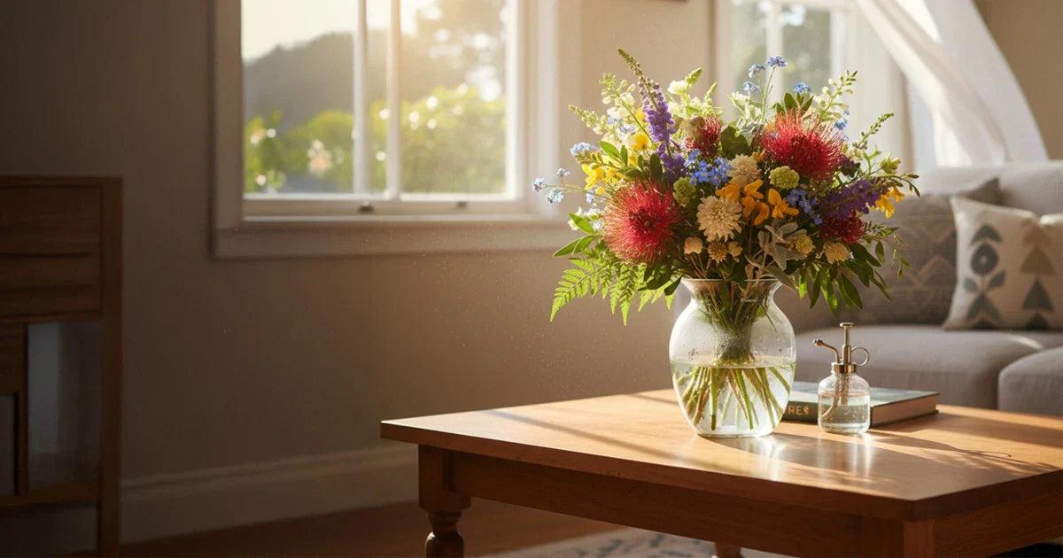 A vibrant tropical bouquet featuring pink orchids and yellow and orange chrysanthemums, displayed in a clear vase on a wooden table in front of a bamboo blind.