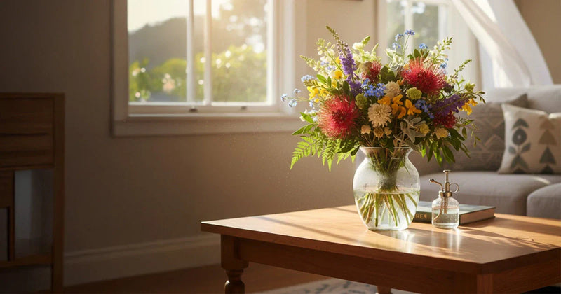 A vibrant tropical bouquet featuring pink orchids and yellow and orange chrysanthemums, displayed in a clear vase on a wooden table in front of a bamboo blind.