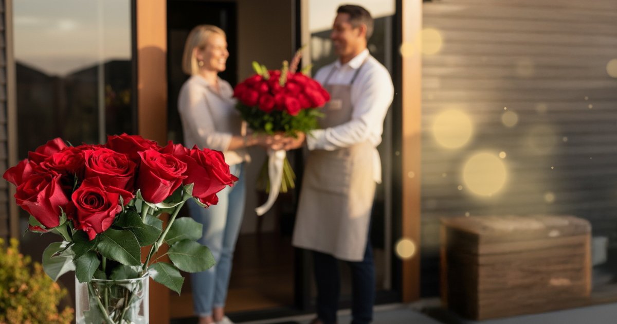 A man and woman hold red roses together in front of a house, smiling at each other.