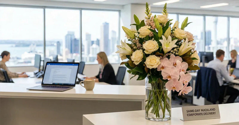 elegant bouquet in workplace representing same day flower delivery Auckland
