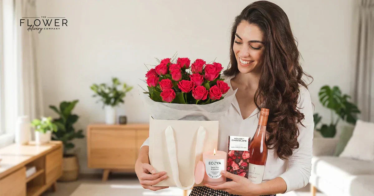 alt: Smiling woman holds a gift bag of red roses with a rosé bottle and treats, “FLOWER delivery company” logo.