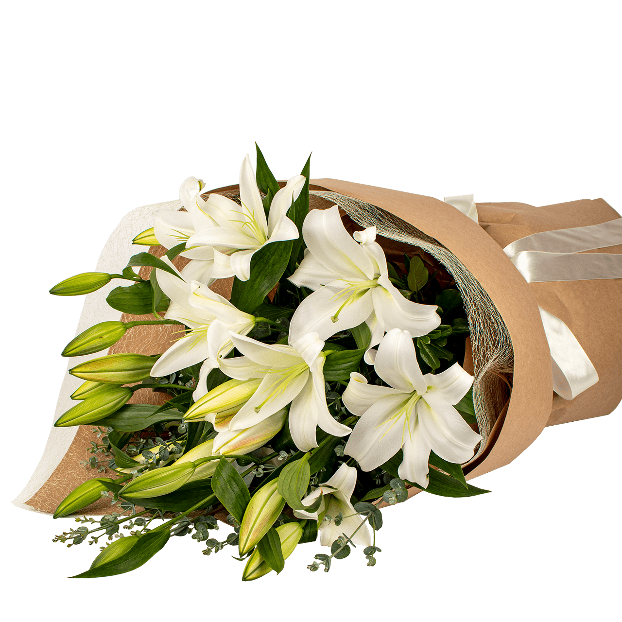 bouquet of white oriental lilies with green foliage, wrapped in brown paper 